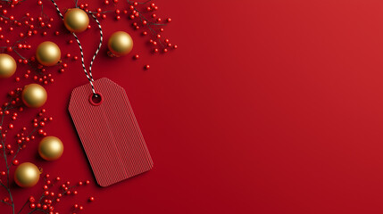 3D Christmas discount tag with golden ornaments on red background