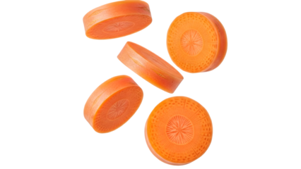Floating carrot slices vibrant orange isolated on transparent background