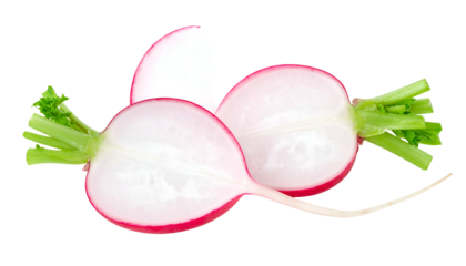 Close-up of sliced red radishes, showcasing vibrant pink skins, fresh green tops