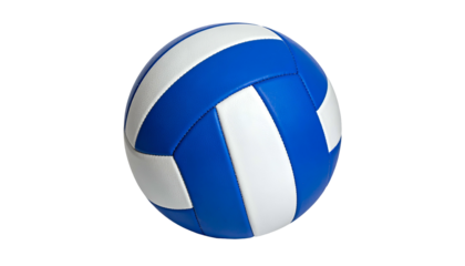 A close-up view of a blue and white volleyball set against a stark black background