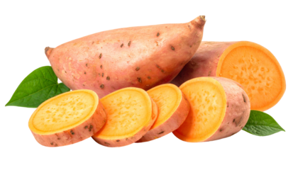 Close-up of sliced and whole root vegetables, vibrant orange flesh exposed with leaves