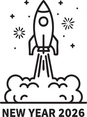 New Year 2026 Rocket Launch &ndash; Black Line Vector Illustration with Fireworks, Stars, and Smoke Cloud