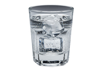 Photorealistic macro shot of a geometrically faceted, heavy crystal shot glass containing clear premium spirit, ice, and condensation against a brilliant white studio background. Concept for luxury