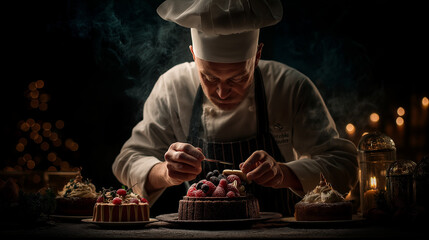 Pastry chef decorating gourmet Christmas cakes in the kitchen
