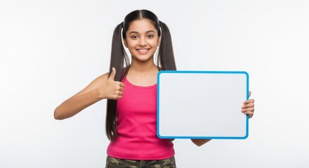 Happy Indian Girl Holds Blank Whiteboard, Thumbs Up