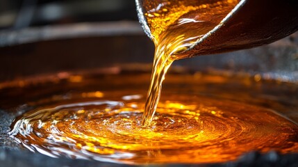 Liquid steel is poured from a metallurgical ladle
