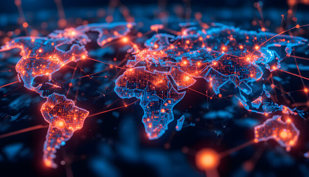 Global connectivity shown with a futuristic map, representing digital networks and international business expansion for a modern world of possibilities - Powered by Adobe