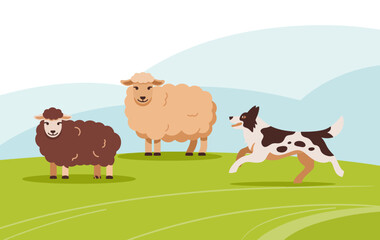 A charming illustration of two sheep and a playful dog frolicking in a green field, capturing the essence of pastoral life and the harmony between animals and nature.