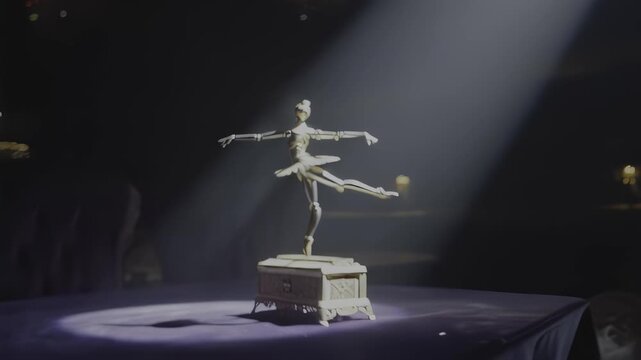 Mechanical ballerina poised on ornate music box, spotlighted