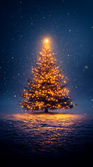 Christmas tree alone in a snowy field at night, aglow with warm lights and a shining star, casting a cozy, festive glow amid gentle snowfall and quiet winter sky