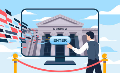 A person approaches a large screen displaying a museum, ready to engage in a digital exploration of art and history, blending technology with culture and creativity.
