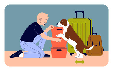 In this cheerful illustration, a man kneels beside a playful dog, packing for a trip, showcasing the excitement of travel and companionship in a vibrant setting.