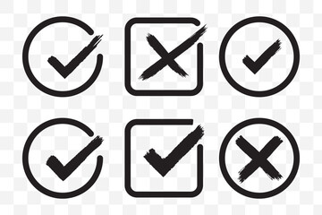 Vector Illustration, Check tick mark icon set. Cross box x check mark checkbox v list vector draw hand drawn sketch doodle brush marker checklist symbol wrong right circle
