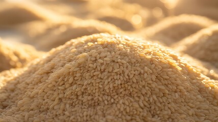 Close up photo of pile of rice grains illuminated by warm sunlight and bokeh background