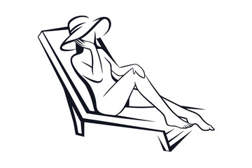 Line art of a woman with a hat resting comfortably on a beach chair