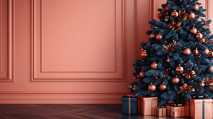 Elegant living room with a modern Christmas tree trimmed in copper ornaments and warm lights beside stylish gift boxes against classic paneled wall, cozy holiday scene