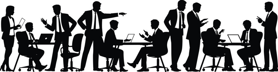Professional Business People Silhouette Vector Set, Corporate Team Discussion, Management, and Office Work Poses, Staff Training and Communication Graphics