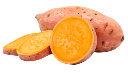 Close-up studio shot of a raw, sliced, and whole sweet potato on a transparent background