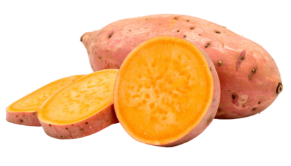Close-up studio shot of a raw, sliced, and whole sweet potato on a transparent background