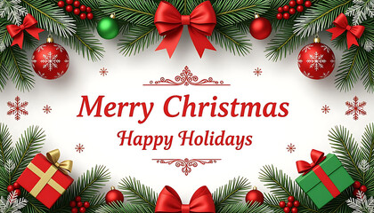 Merry christmas and happy holidays greeting card with ornaments and presents on white background
