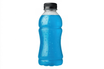 Cold plastic bottle of blue sports drink with condensation, offering refreshing hydration and energy on transparent background