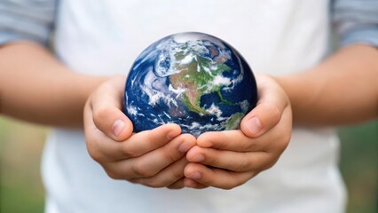 Child s hands gently holding a miniature earth globe