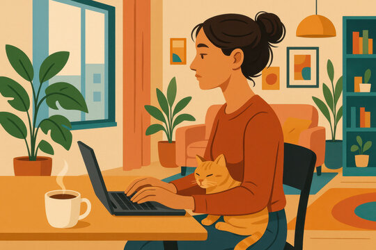 Illustration de t&eacute;l&eacute;travail &agrave; domicile avec un chat mignon dormant sur le bureau pr&egrave;s de l'ordinateur, concept de travail freelance, home office confortable et dessin vectoriel