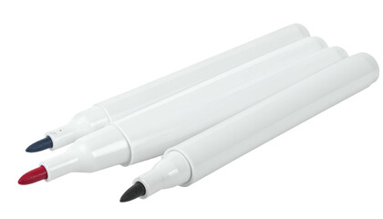 Three clean, white cylindrical markers, each with a different colored tip, laid on a black background