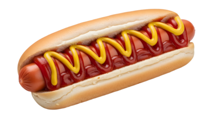 Delicious hot dog with ketchup and mustard isolated on transparent background
