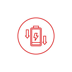 Red outline icon of a battery with a lightning bolt and downward arrows indicating low power isolated on transparent background