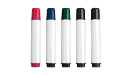 Five cylindrical, white-bodied markers with various colored caps stand against a black background