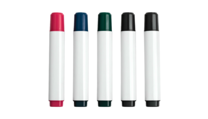 Five cylindrical, white-bodied markers with various colored caps stand against a black background