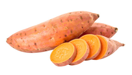 Close-up image shows three sweet potatoes, one partially sliced, against a clean background