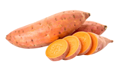 Close-up image shows three sweet potatoes, one partially sliced, against a clean background