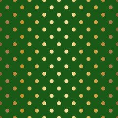 Seamless polka-dot pattern in gradient gold tones arranged across a green background, create a subtle vignette effect.