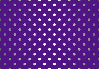Seamless polka-dot pattern in gradient grey silver tones arranged across a deep purple background, create a subtle vignette effect.