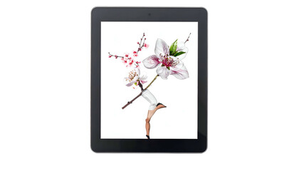 Tablet displays vibrant floral watercolor art against a stark white backdrop