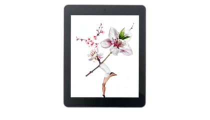 Tablet displays vibrant floral watercolor art against a stark white backdrop