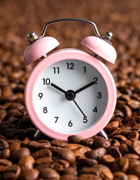 A close-up shot of a small, pink alarm clock with silver bells atop. The clock rests upon a bed of roasted coffee beans