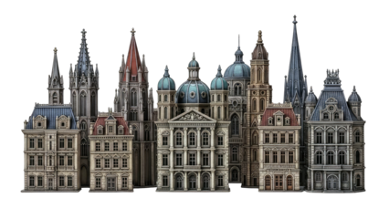 Detailed Architectural Buildings on White Background