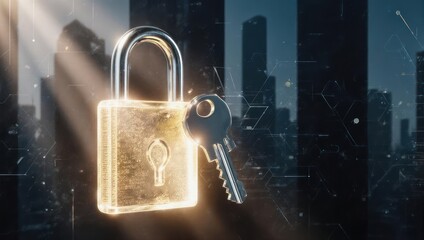 Digital Security - Glowing Padlock and Key Against Cityscape Background.