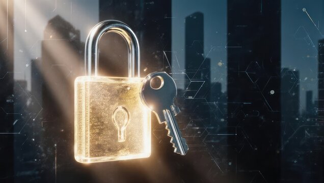 Digital Security - Glowing Padlock and Key Against Cityscape Background. - Powered by Adobe