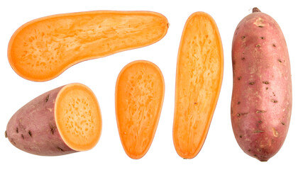 Sliced and whole sweet potatoes showcase vibrant orange flesh, isolated on a black background