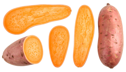 Sliced and whole sweet potatoes showcase vibrant orange flesh, isolated on a black background