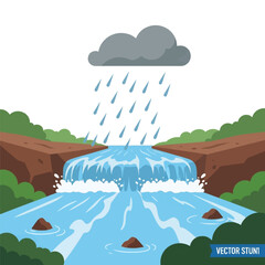 A beautiful waterfall cascades down a rocky cliff face under a stormy cloud releasing heavy rainfall, surrounded by lush green foliage. © TheNanokha