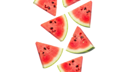 Watermelon slices falling isolated on transparent background for summer concept
