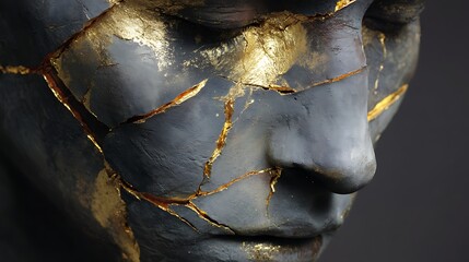 abstract head sculpture with visible fractures repaired with shining gold veins, symbolizing self-acceptance, cinematic chiaroscuro lighting, black and gold palette, v7 