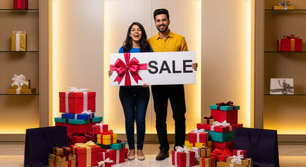 Happy Indian Couple Announces Big Sale with Many Gifts