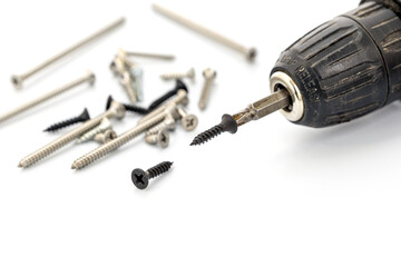 Power Drill with Screws on White Background for DIY Home Projects