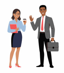 A vibrant illustration of a professional business couple, one holding a coffee cup and the other a briefcase, embodying teamwork and modern workplace dynamics.